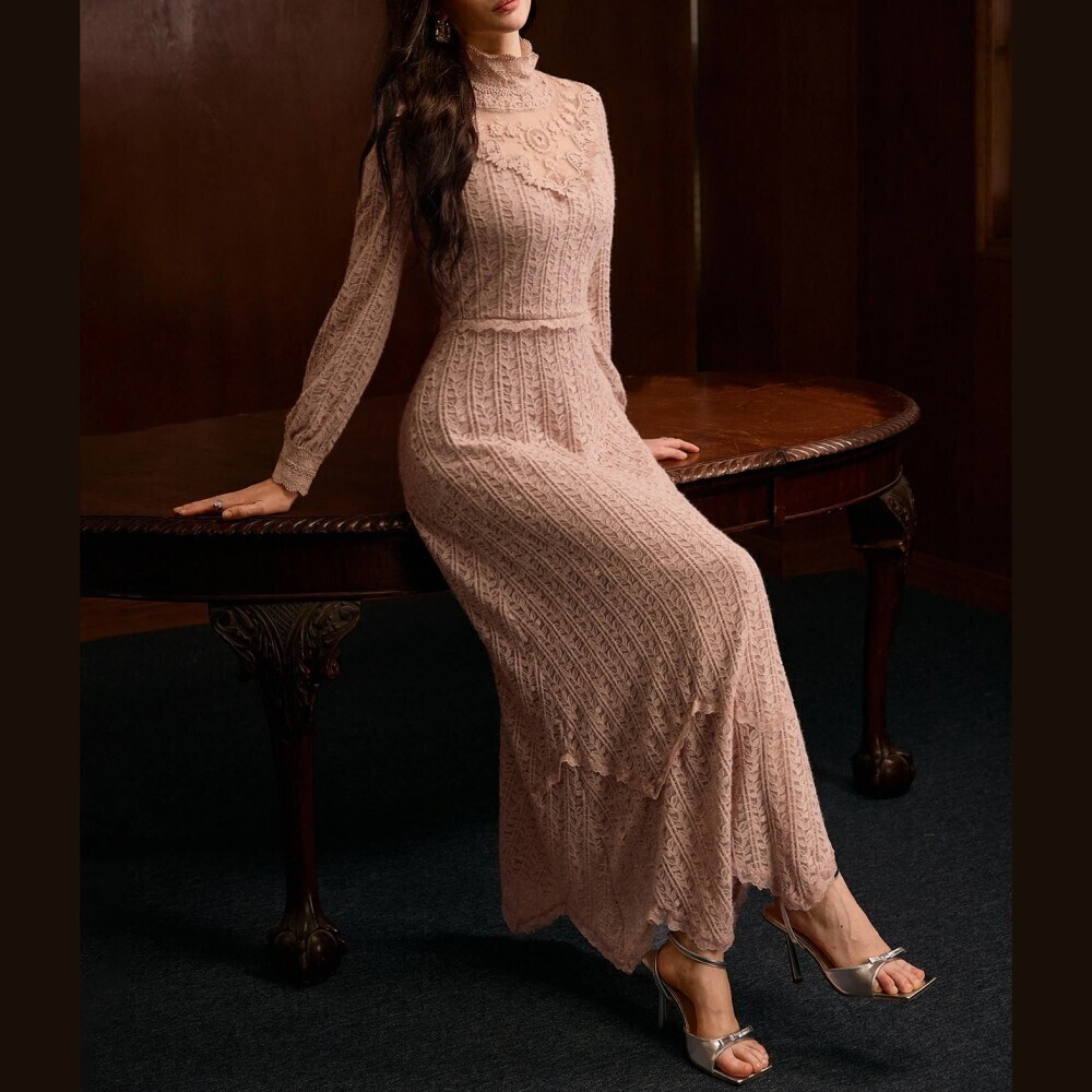 Blush Pink Leaf Lace Stand Collar Long Sleeve Scalloped Hem Maxi Dress